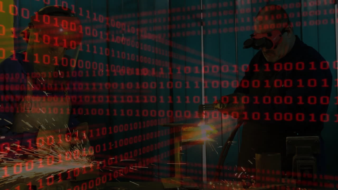 colleagues grinding with angle grinders while showing binary code overlay and sparks in tech shop