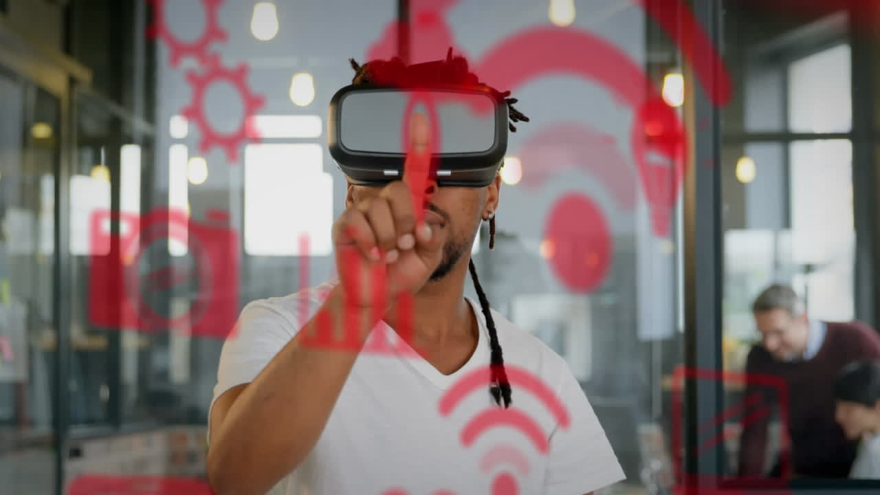 Animazione di icone di social media su un uomo afroamericano che indossa un visore VR