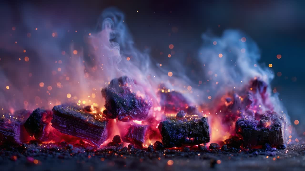 Captivating Image of Glowing Coals with Wispy Smoke and Flickering Sparks, Showcasing Dynamic Textures and Colors in a Mesmerizing Display of Heat and Light