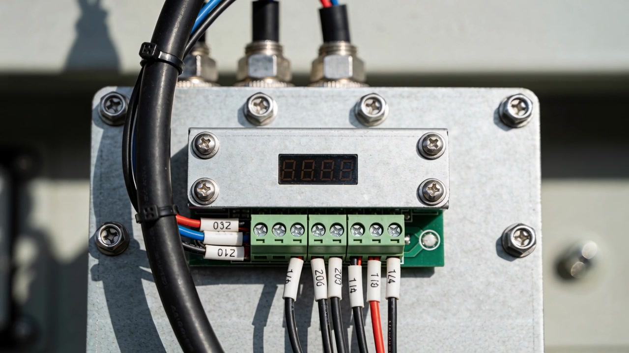 Shifting camera revealing metal junction enclosure outdoors, inspecting labeled wires and bezel