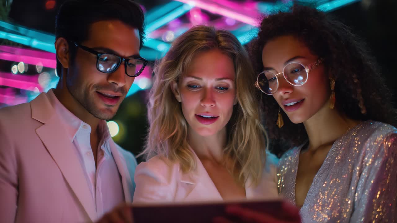 Three people looking at a tablet in a brightly lit environment