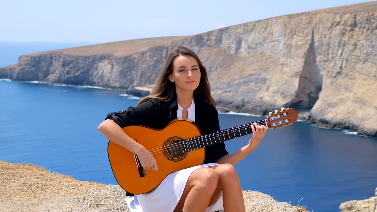 Ung kvinna spelar klassisk gitarr på en klippa med utsikt över havet.