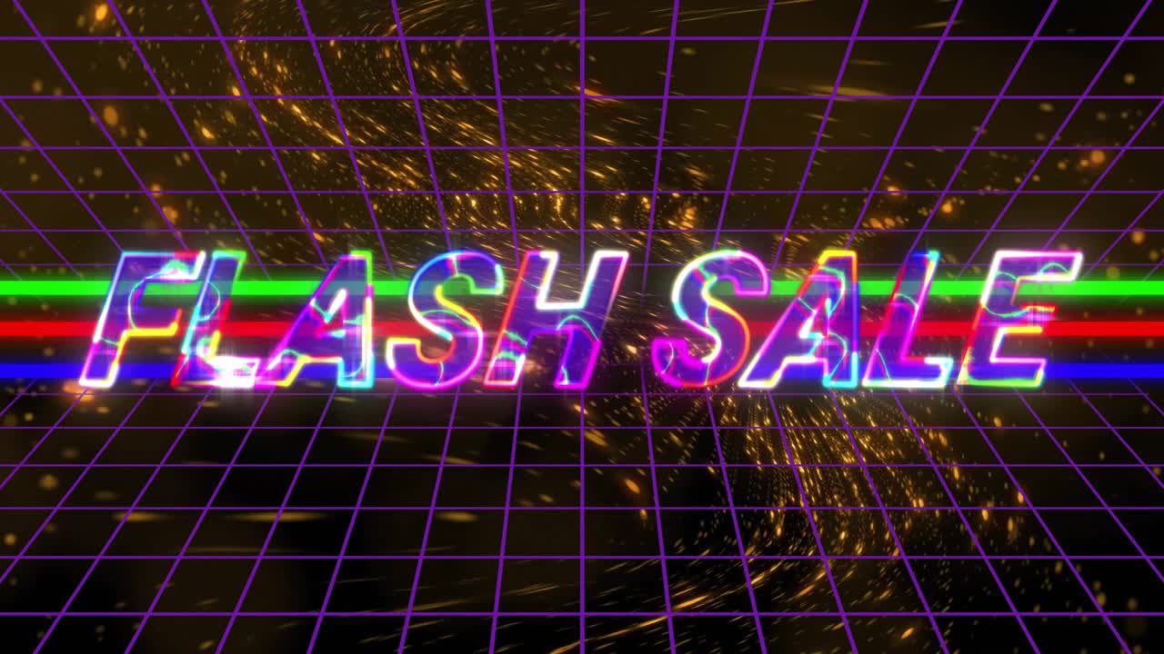 ちらつくネオンの文字が「FLASH SALE」と並び、火花のような粒子が渦巻いてセールを宣伝する様子