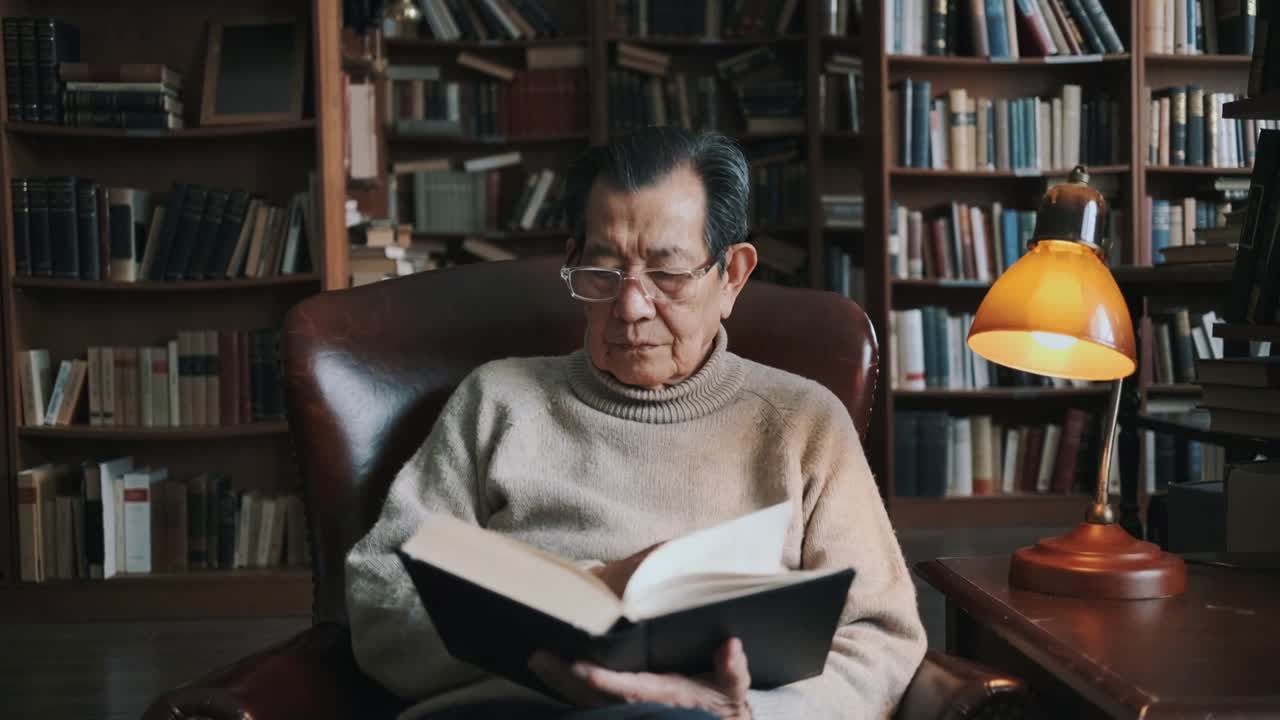 Büyük bir kitap tutan, bej boğazlı kazaklı, gözlüklü yaşlı bir kişi, deri koltukta çalışmak için sayfaları çeviriyor, yanında lamba var.