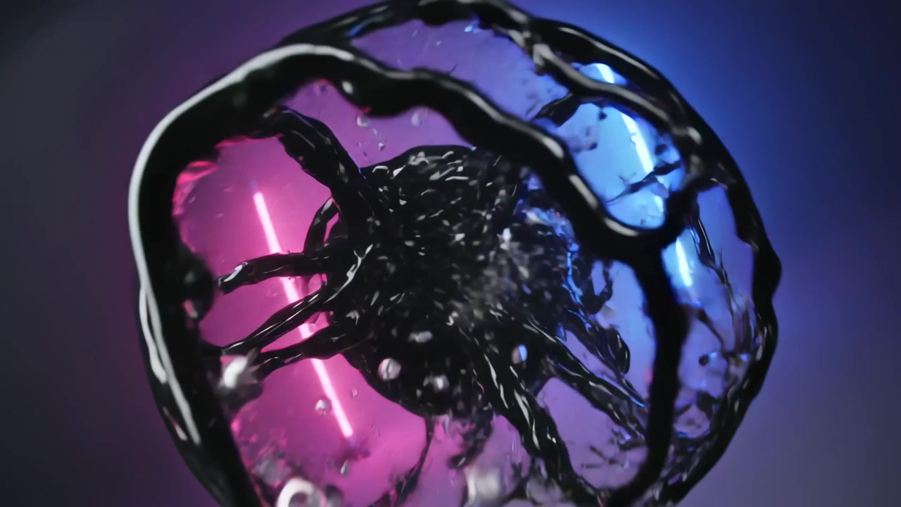 Sfera nera rotante che cresce in studio, formando un reticolo poroso ed emettendo vapore bianco tra tubi al neon