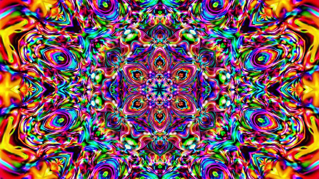 Colorful psychedelic kaleidoscope design bursting with vibrant colors and intricate patterns, forming a mesmerizing mandala with a central floral motif in a hypnotic arrangement