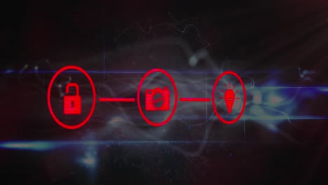 animación de una red de iconos digitales y ondas digitales brillantes azules contra un fondo gris