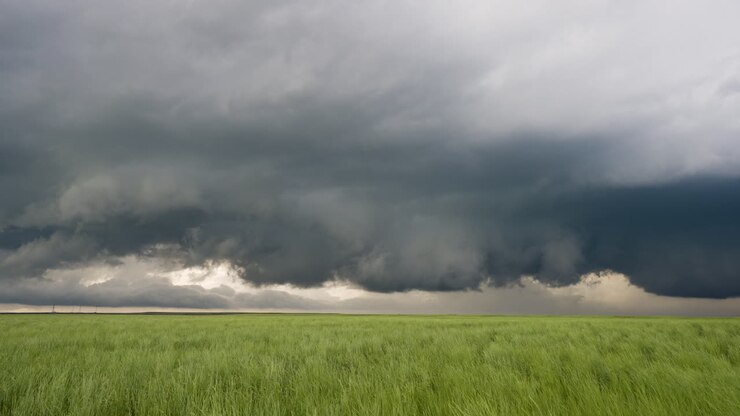 Scene fra stormfuld sæson med truende mørke skyer og fredfyldte grønne marker – Time-lapse