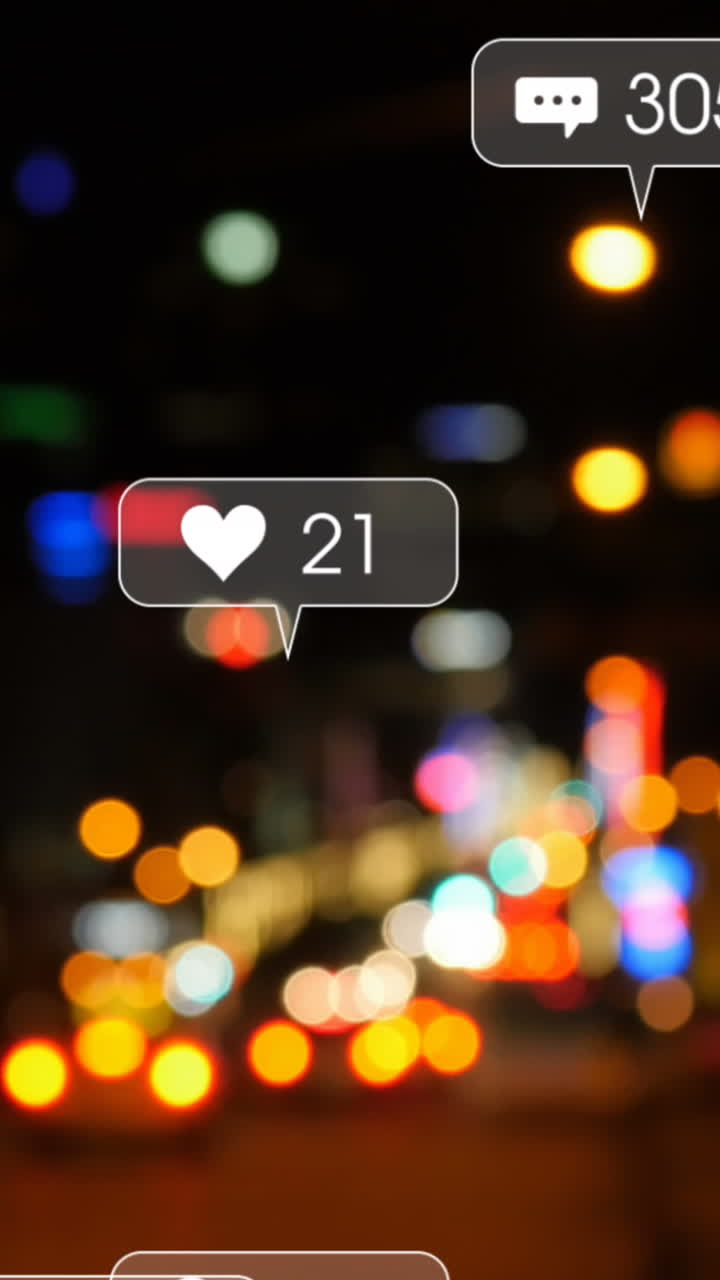 Animation of social media icons and numbers over out of focus city and road traffic lights