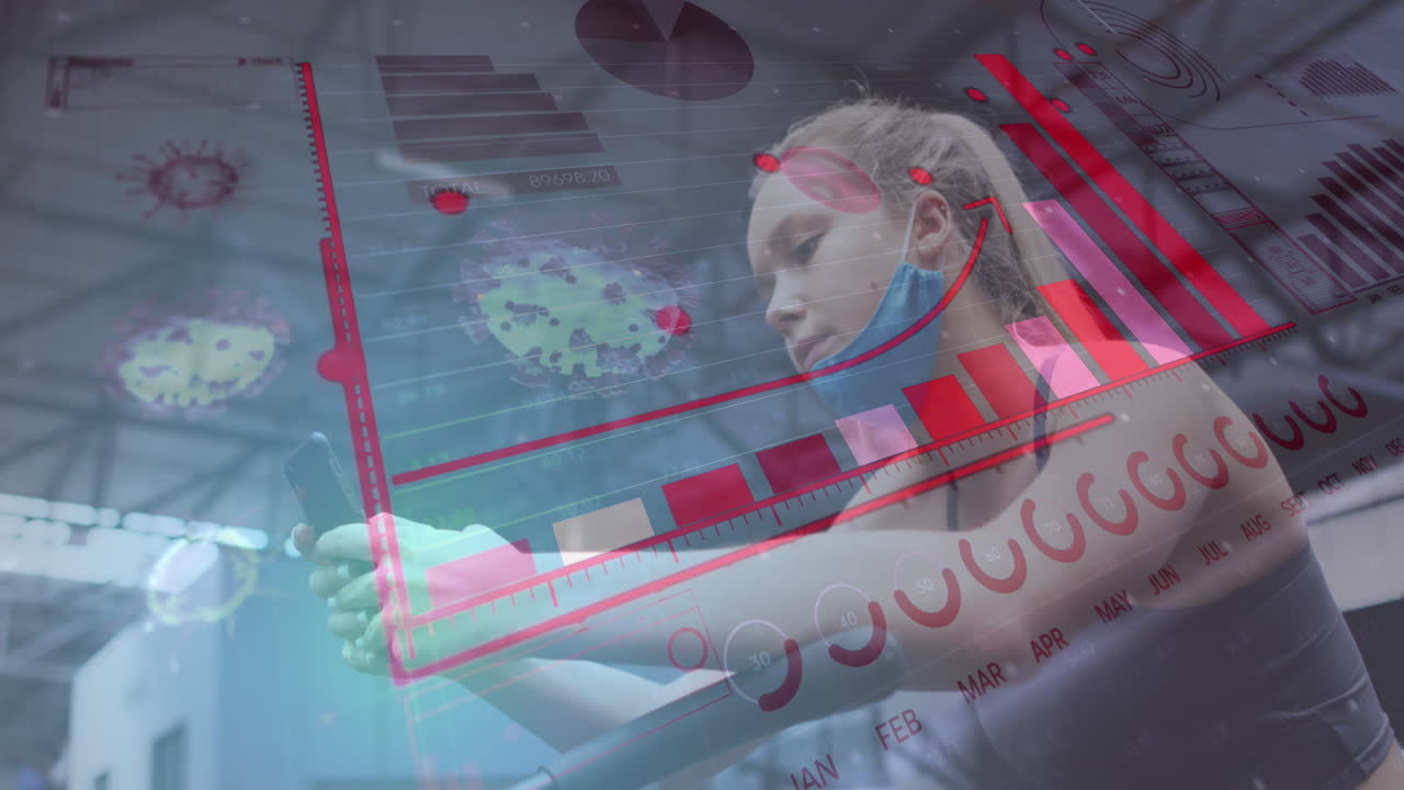 анимация клеток covid-19, плавающих со статистикой и графиками с женщиной, использующей смартфон