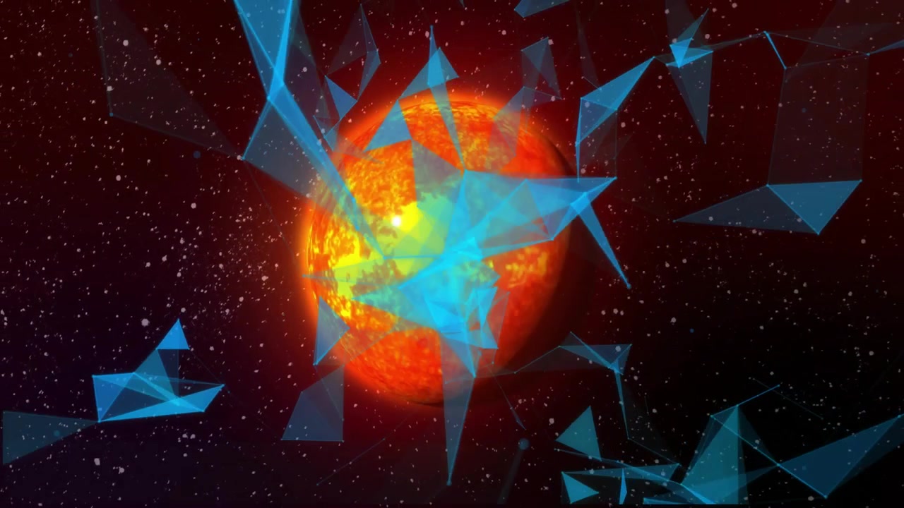 Una rete blu emerge vicino a una sfera rosso-arancio che si estende su una superficie rotante rivelando delle forme.