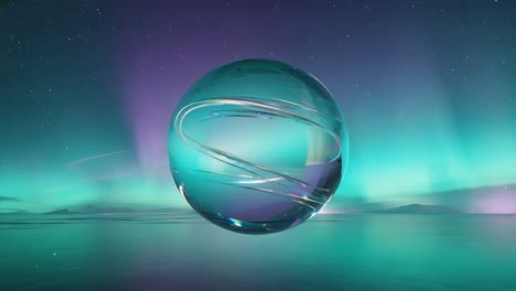 a sphere reflecting the aurora borealis over water