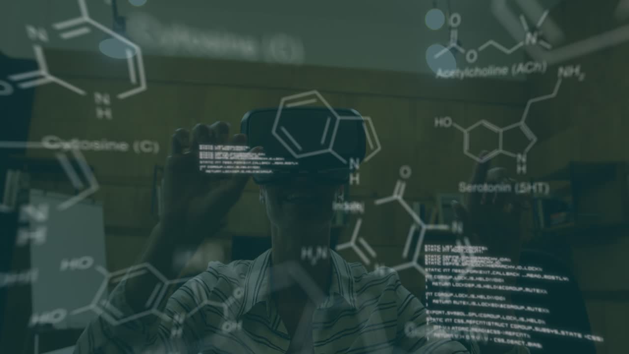 Animation of scientific data over caucasian woman wearing vr headset in office