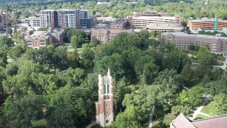 beaumont tower at michigan state university with drone video moving up