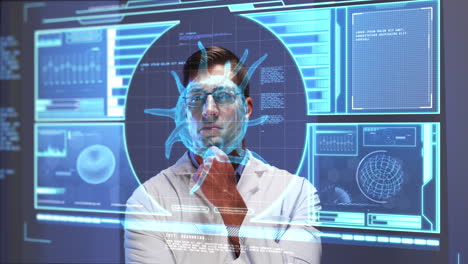 animación de un científico masculino detrás de una pantalla digital con células de covid-19 y datos médicos