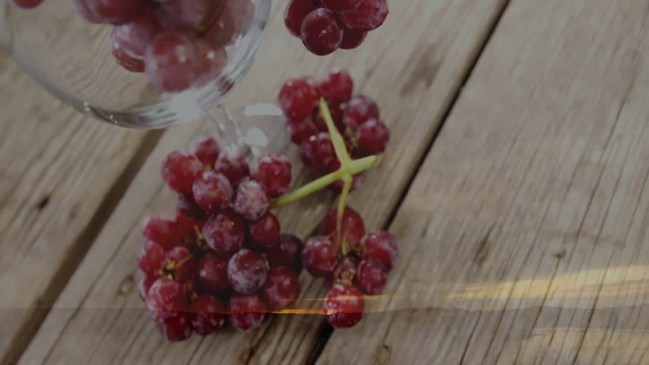 Washing red grapes with water on rustic wooden surface, animation style