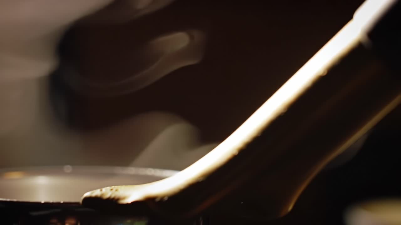 Un primo piano di una pentola fumante: catturare la danza mistica del vapore che sale da un recipiente di cottura, enfatizzando l'arte della preparazione culinaria in una luce drammatica.