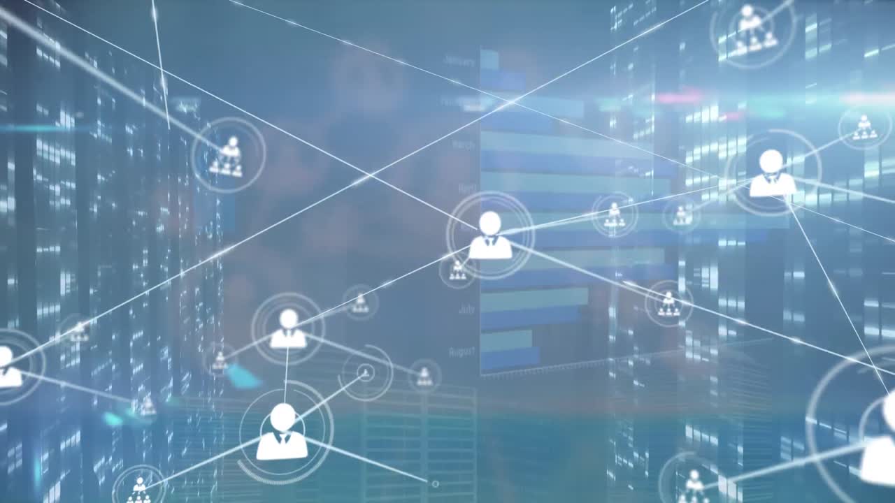 파란색 배경에 모자이크 사각형으로 화면 위에 프로필 아이콘 네트워크의 애니메이션