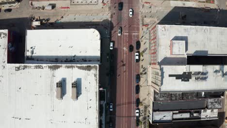 Downtown-Flint,-Michigan-overhead-drone-shot-moving-forward