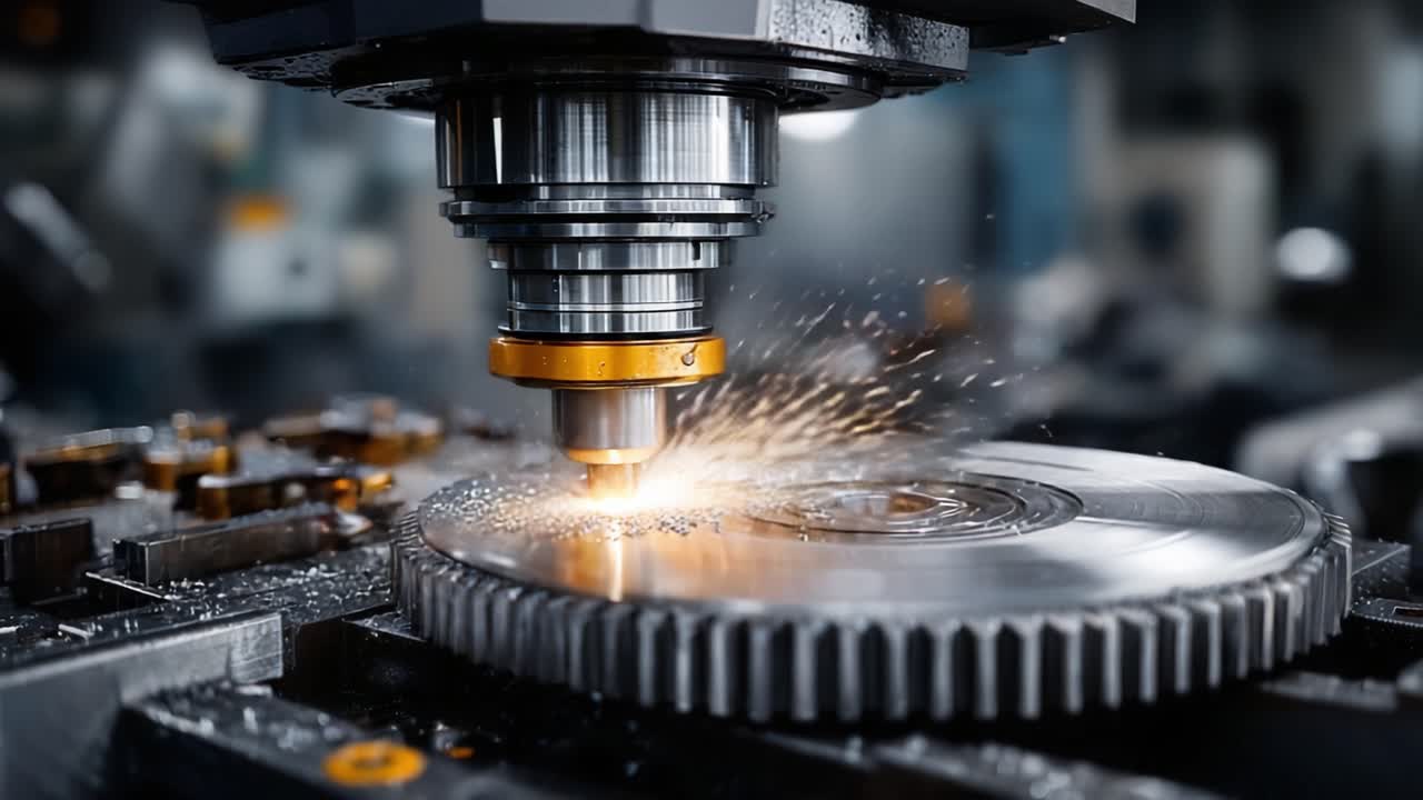 Precision machining in action: close-up of a metalworking tool engaged in milling operations, creating precision parts with sparks and metal shavings flying in the workshop