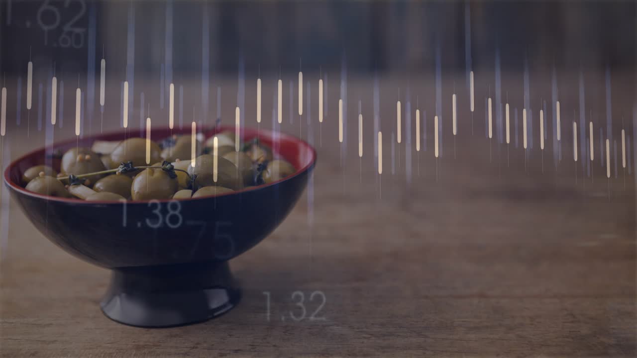 On play animated overlay pulsing over footed bowl with olives, waveform rising to show data trend