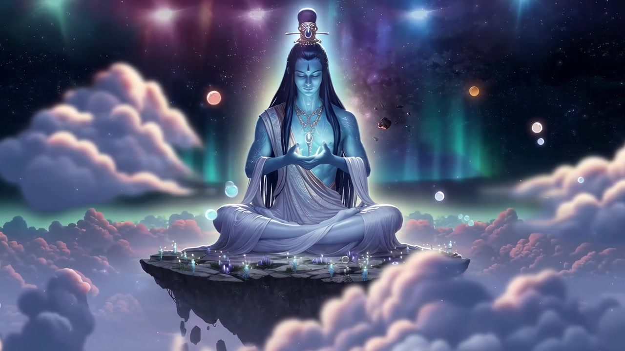 Divinità spirituale che medita su un'isola fluttuante nel cielo notturno cosmico