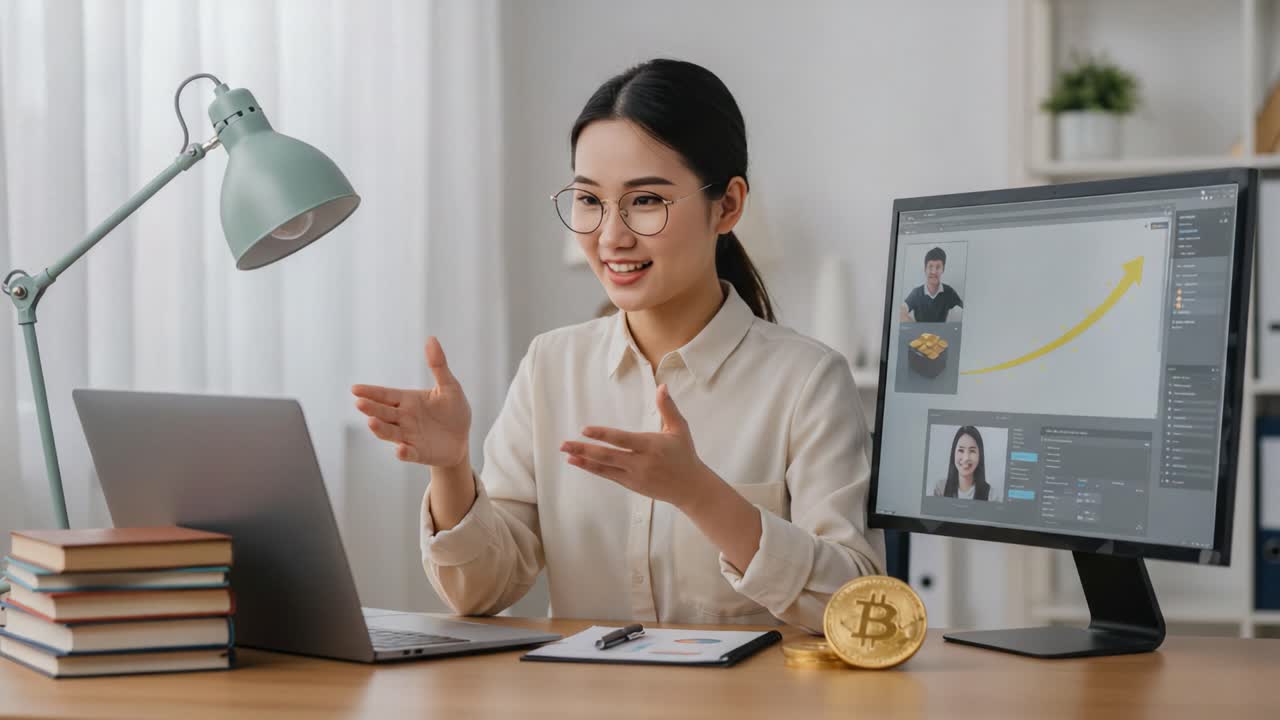 Engaging Online Presentation: A Woman Discusses Cryptocurrency Insights and Digital Investments in a Modern Home Office Setting