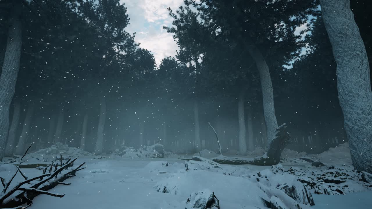 a dark, eerie pine forest in the winter time, with mist, snow falling and covering the ground, and cloudy sky, 3D animation, animated scenery, camera move up