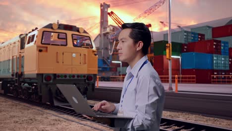 side view of an asian male professional worker standing with freight cargo train at port, observes by looking up before he come to concentrating on the laptop
