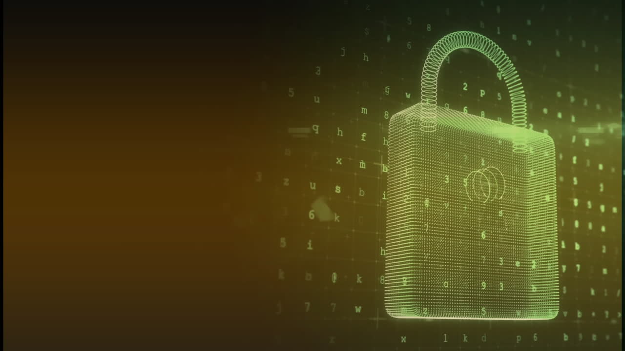 Animation of data processing and digital padlock over orange background