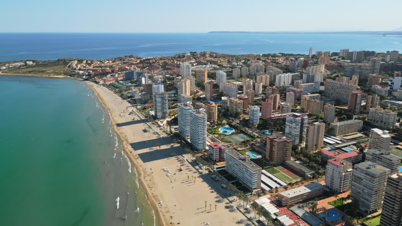 Aerial drone view of the buildings in Benidorm, Spain in daylight