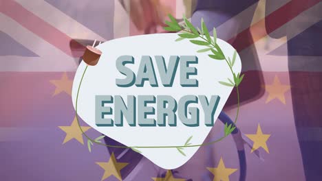 Save-energy-text-over-flag-of-great-britain-and-man-charging-electric-car