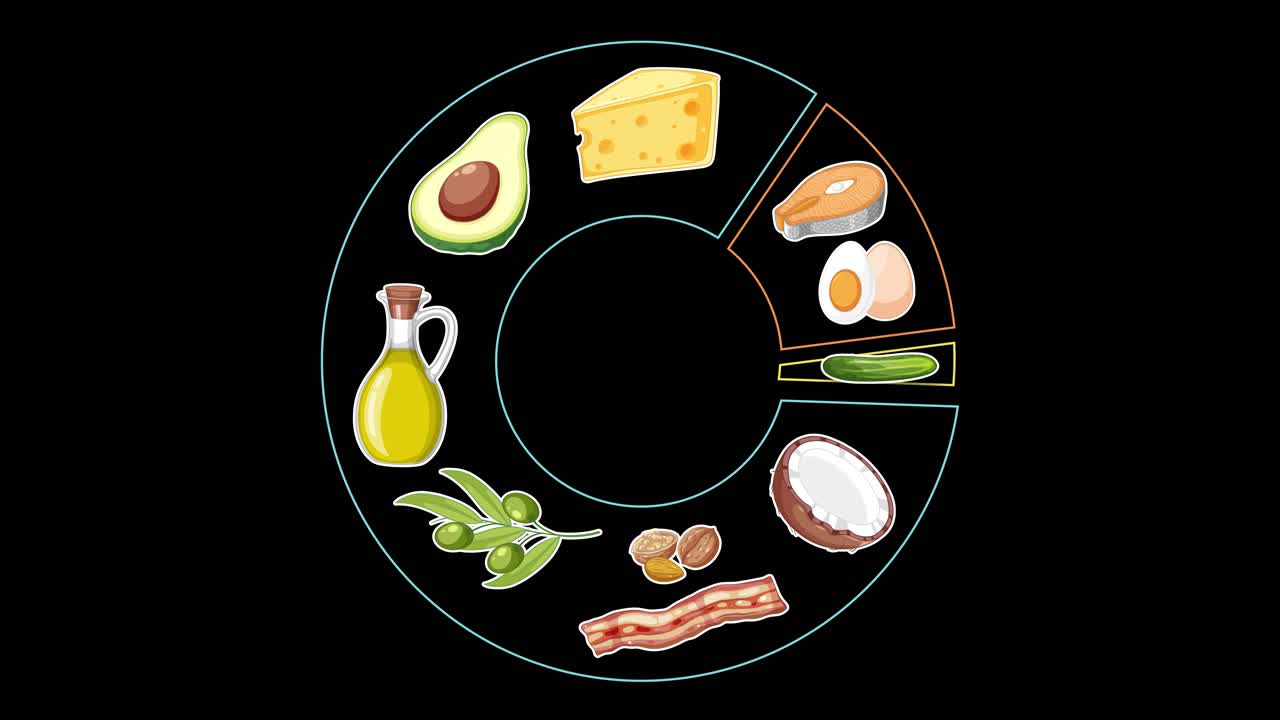 Circular food group chart animates with illustrated high-fat foods, smooth transitions, and clean black background