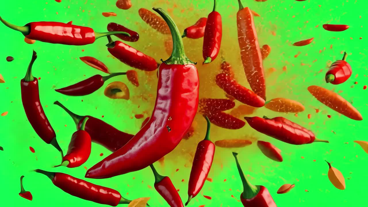 Explosive vibrant red peppers transparent 4K video, green screen
