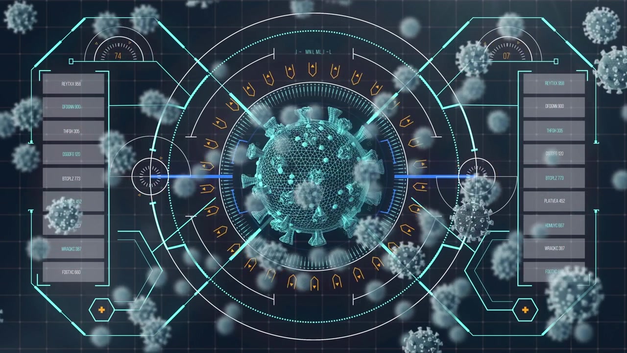 Animazione di cellule Covid-19 e elaborazione dati