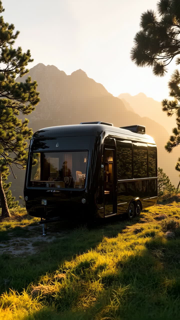 Luxurious Black Camper Van in Mountain Sunset