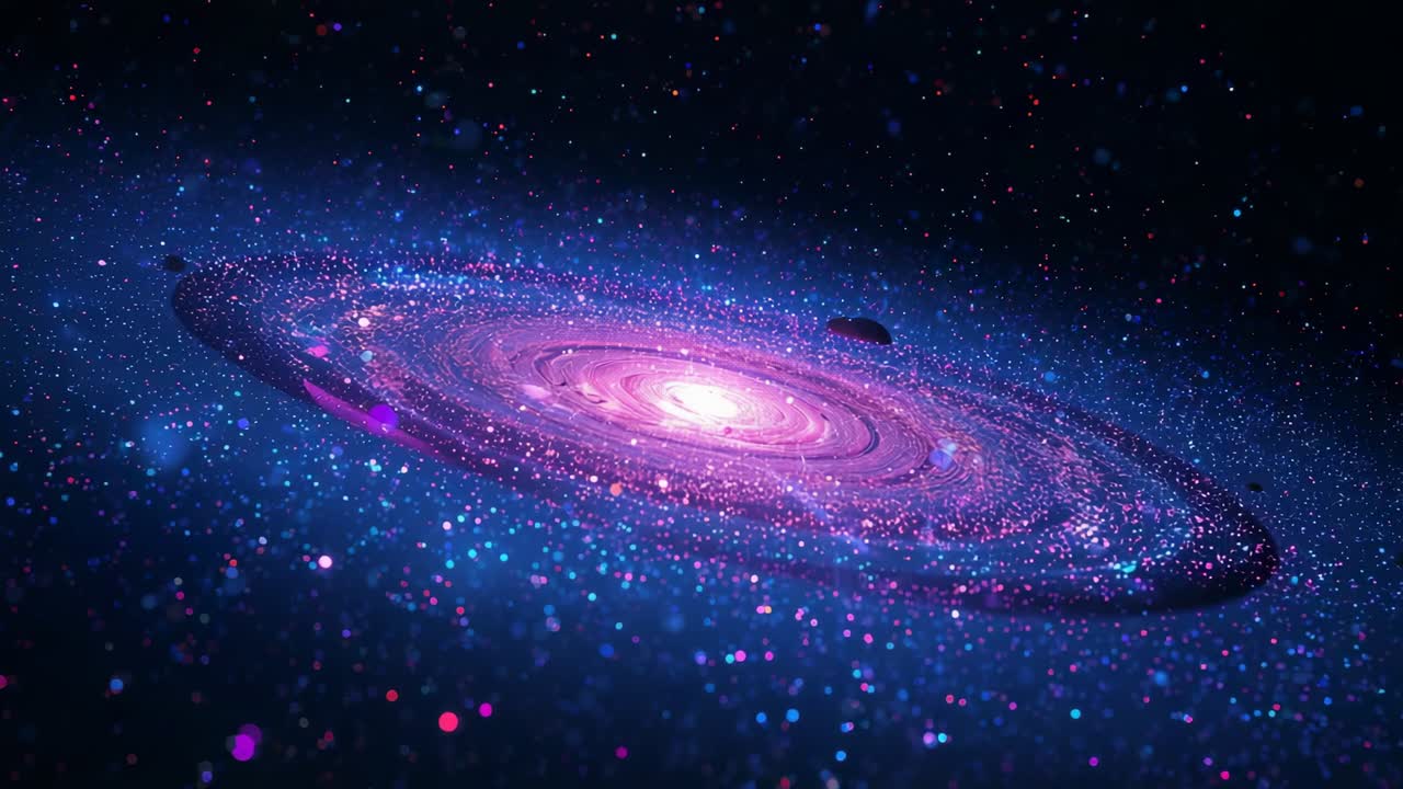 Rotating spiral galaxy revealing purple arms, star particles in space, with pulsating pink core