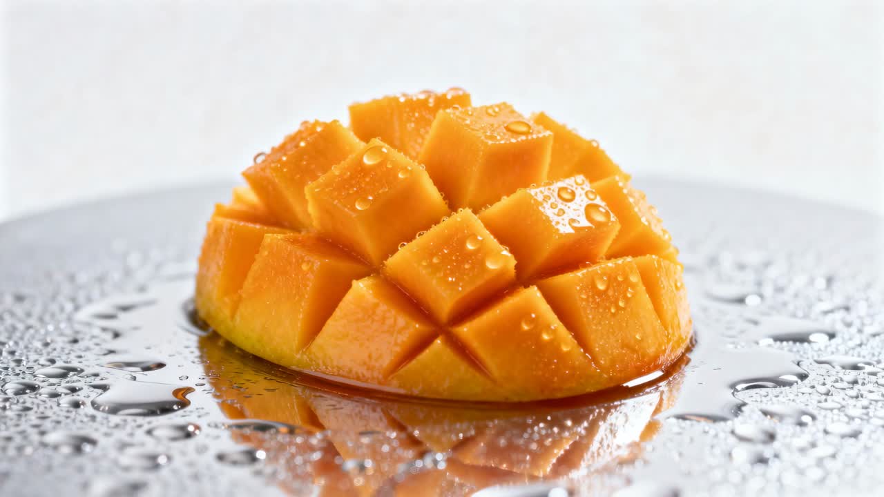 Kamera bergerak memperlihatkan mangga yang dipotong dengan guratan, sisi potong menghadap ke atas di meja studio yang basah untuk detail dan latar belakang putih.