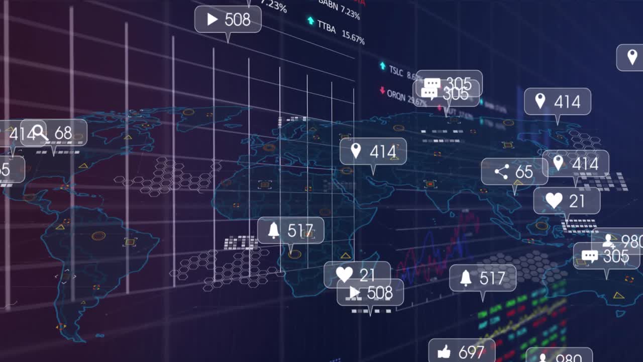 그래프, 거래 보드 및 지도 위의 메시지 상자에 변하는 숫자 및 아이콘의 애니메이션