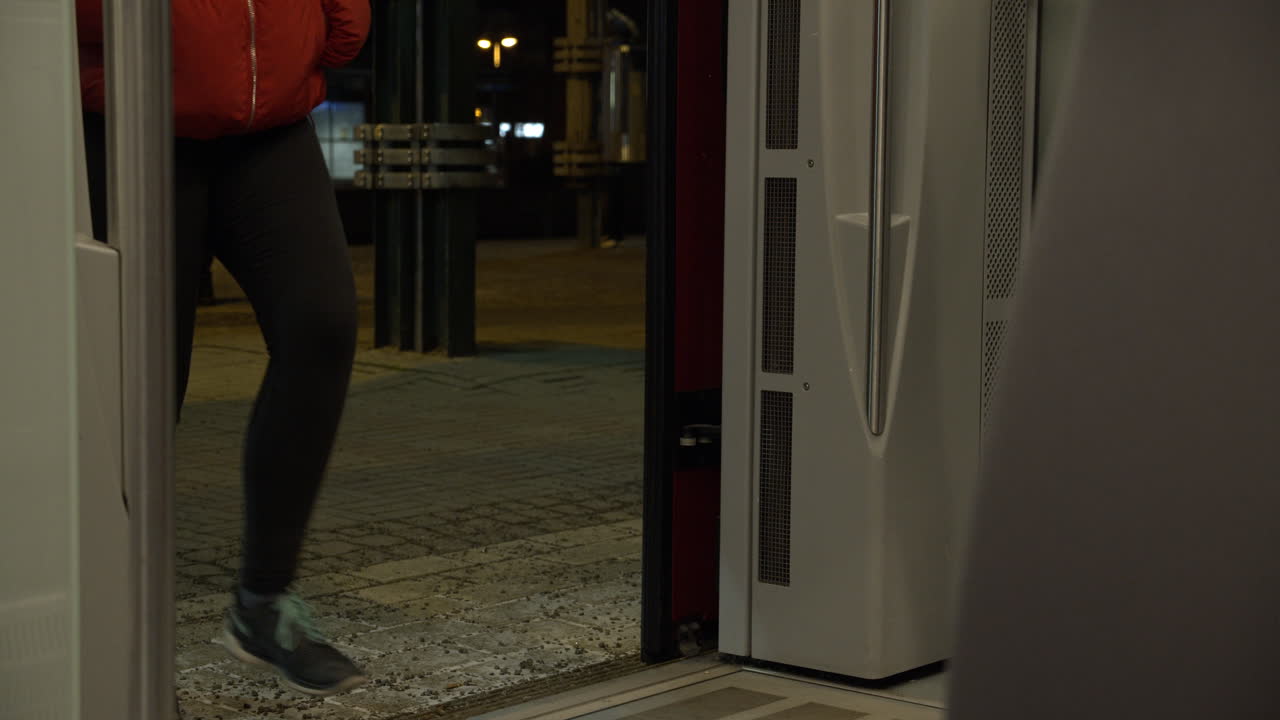 Crowd of mixed people travelers entering Finnish train at Helsinki Train Station in the evening