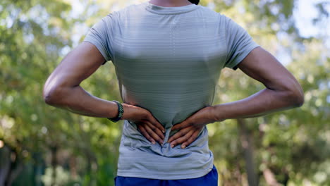 Fitness,-man-and-back-pain-for-runner-in-park