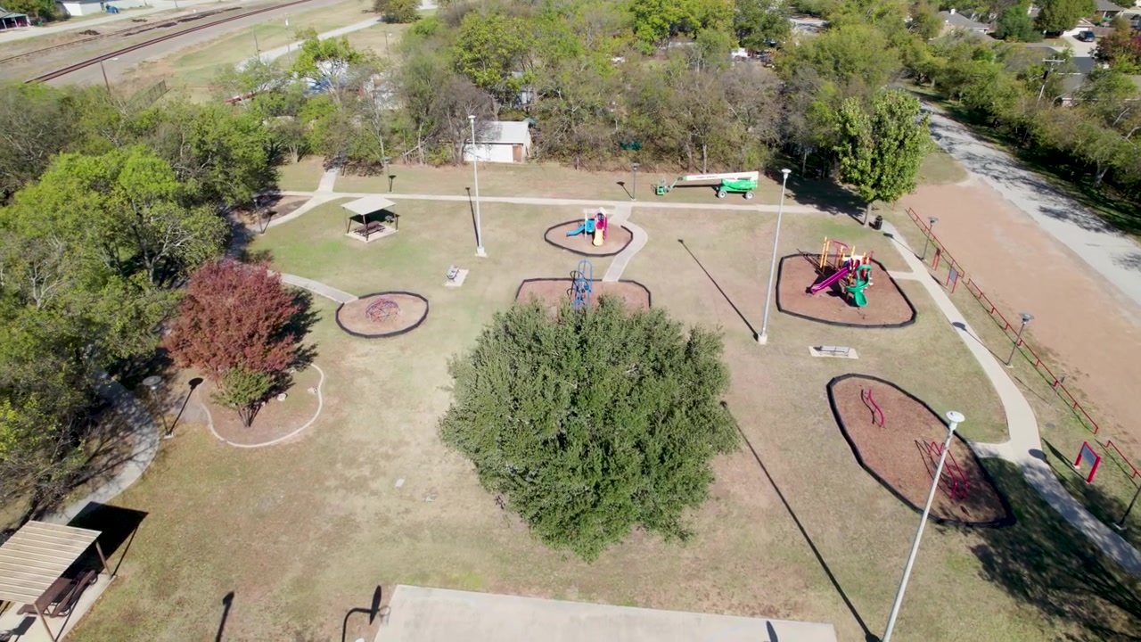 Video aéreo del Parque Familiar Rhome en Rhome, Texas.