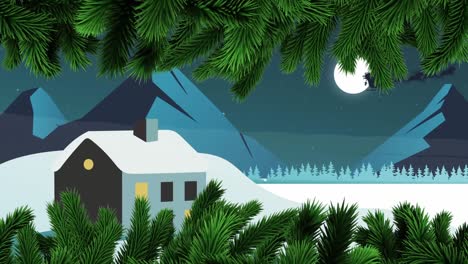 Animation-of-trees-over-santa-claus-in-sleigh-with-reindeer-moving-with-moon-and-winter-landscape