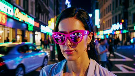 woman in pink sunglasses on a night city street