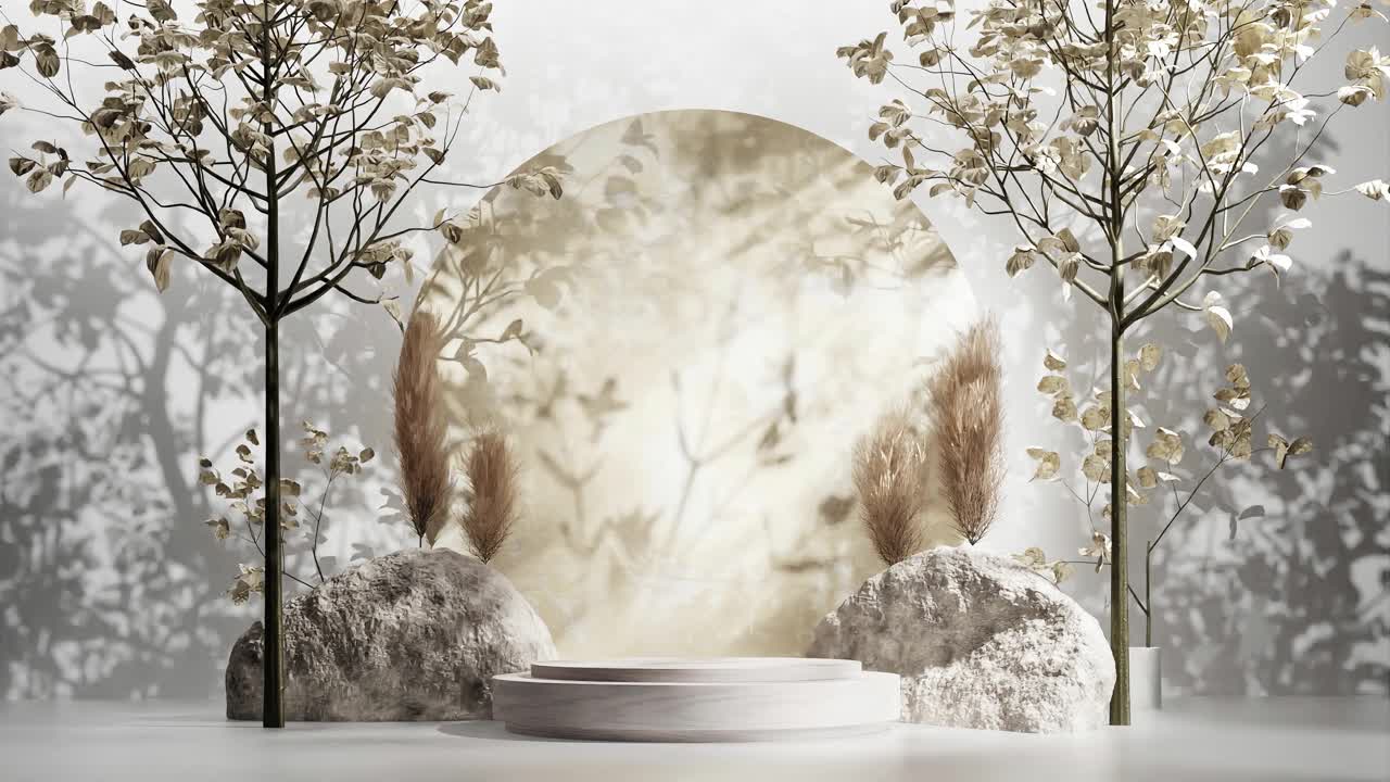 자연 나무 제품 디스플레이 스탠드 디자인과 나무 잎 그림자 3d 렌더링 애니메이션, 전자 상거래 웹사이트 판매 자연 제품 백색 빛 할인