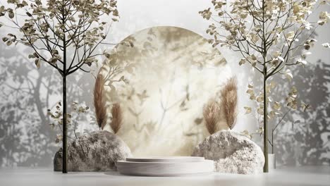 nature forest tree product display stand design with tree leave shadow in 3d rendering animation , e-commerce website sale discount for natural product white sunshine