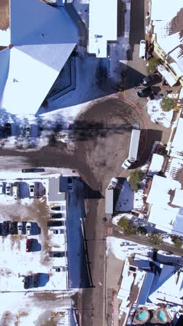vertical aerial view, palisades ski resort buildings, lake tahoe california usa