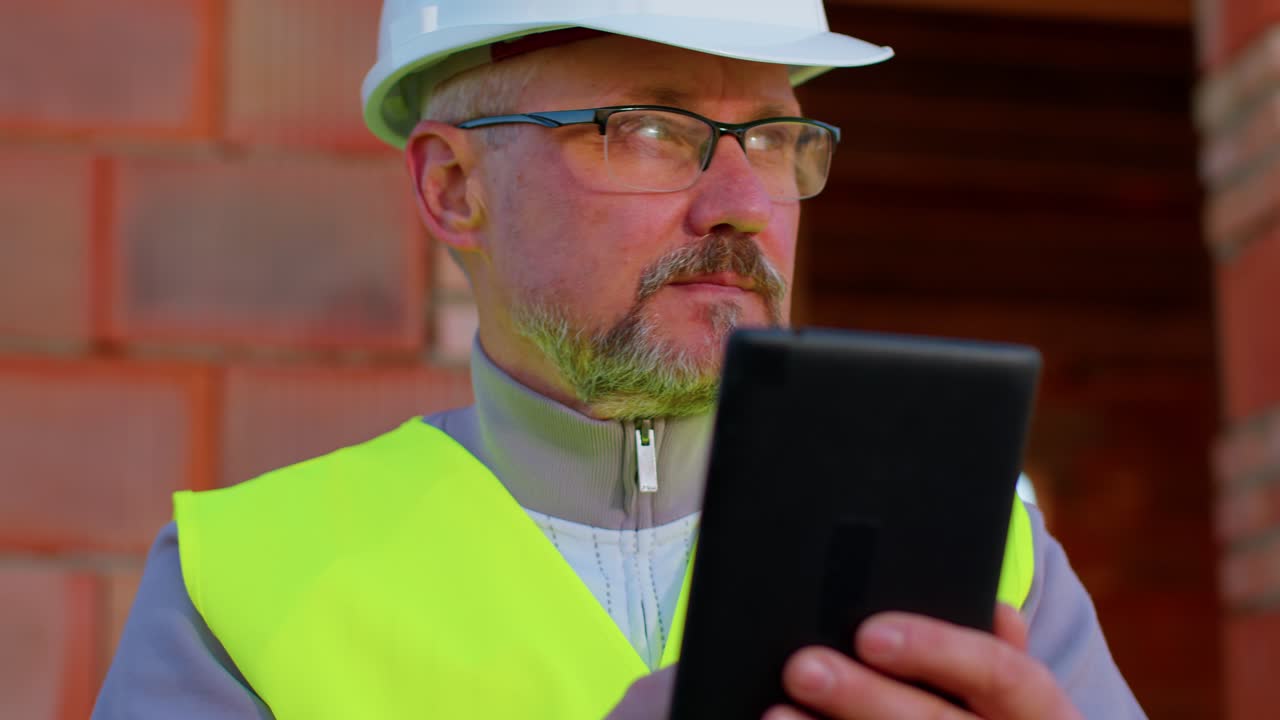 Architect man with digital tablet computer at construction site, analyzing blueprints building house