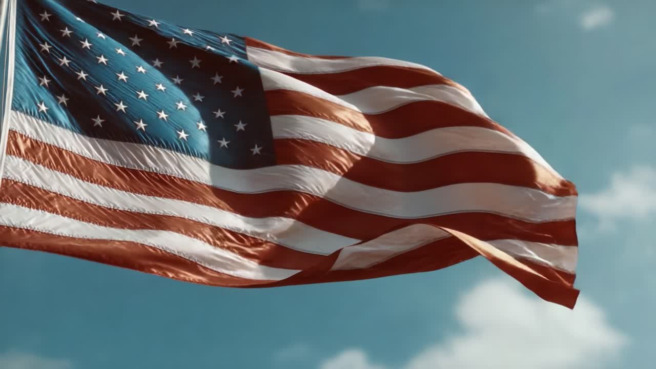Et levende amerikansk flagg som vaier i vinden mot en klar blå himmel, symboliserer frihet og patriotisme med sine striper og stjerner som skinner sterkt i sollyset