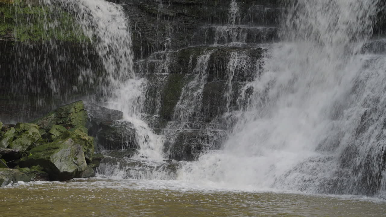Camera fixed on the flowing waterfall at Upper Balls Falls, capturing peaceful river movement and falling water